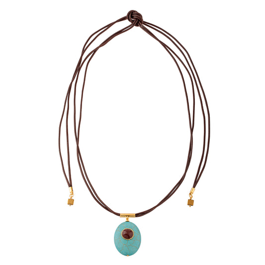 Colar Cordão Marrom com Pingente Oval Turquesa e Cristal Marrom Dourado