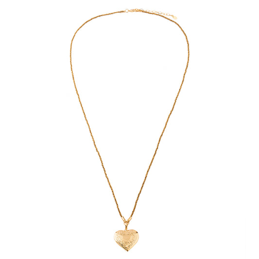 Colar Longo Cristais com Pingente Relicário Coração Dourado