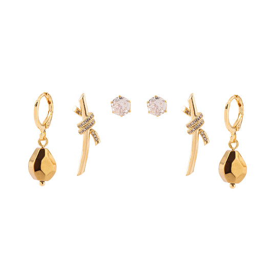 Brinco Trio Argolinha Pedra Gota, Brinco alongado com Detalhe Cravejado e Ponto de Luz Dourado