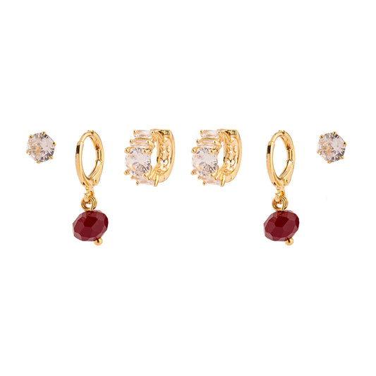 Brinco Trio Argola Cristal Vermelho e Cravejada com Ponto de Luz Dourado