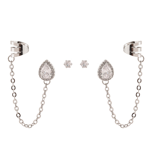 Brinco Dupla Gota Cravejada com Piercing Liso e Ponto de Luz Prateado