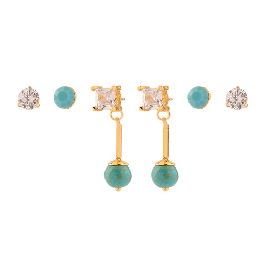 Brinco Trio Pontos de Luz em Cristal e Tarraxa com Esfera Turquesa Dourado