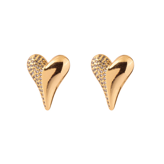 Brinco Coração Metade Liso e Metade Cravejado Dourado