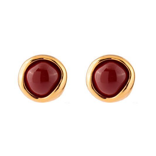 Brinco Entorno Ondulações com Pedra Vermelha Centro Dourado