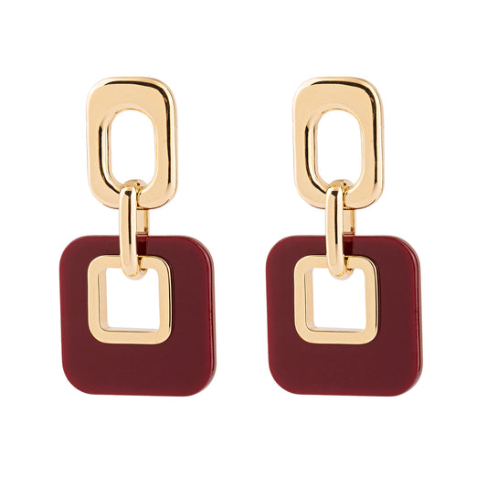 Brinco Retângulo Liso e Quadrado Resina Colorido Dourado