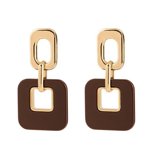 Brinco Retângulo Liso e Quadrado Resina Colorido Dourado