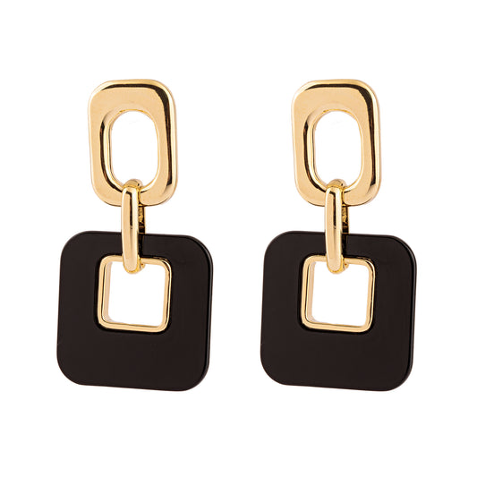 Brinco Retângulo Liso e Quadrado Resina Colorido Dourado