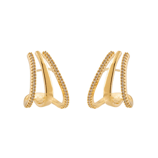 Brinco Ear Hook Triplo Liso e Cravejado Dourado