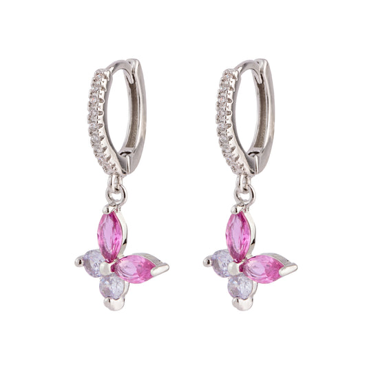 Brinco Argola Com Borboleta Rosa Prateado