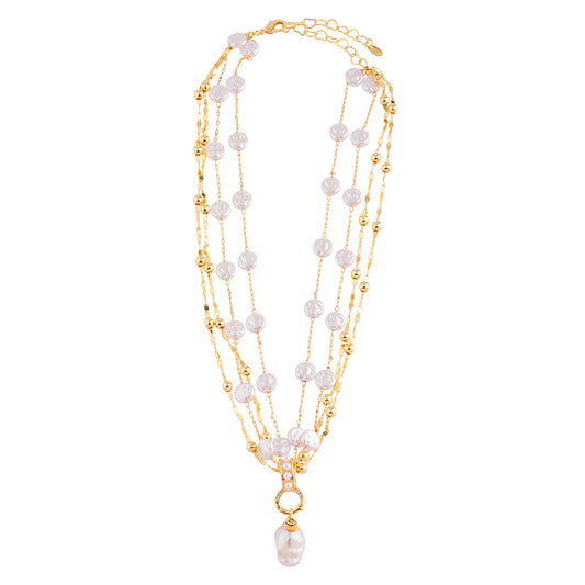 Colar Corrente de Pérolas e Esferas com Pingente Dourado