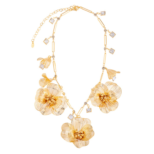 Colar Elos com Flores Vazadas e Cristais Dourado