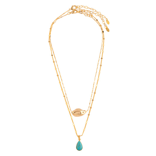 Colar Dupla Orgânico e Gota Turquesa Dourado
