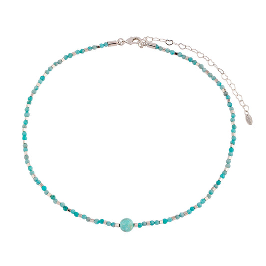 Colar Cristais Turquesa com Esfera Turquesa Prateado