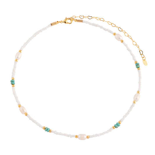 Colar Cristais Turquesa/Branco com Pérolas Dourado