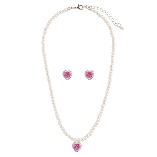 Conjunto Colar e Brinco Coração e Pérolas Prateado