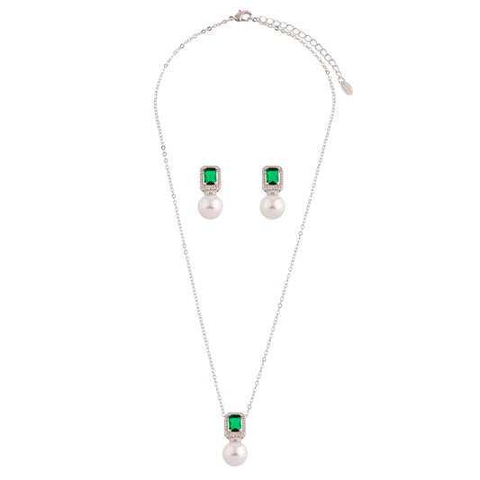 Conjunto Colar e Brinco Retângulo Colorido com Pérola Prateado