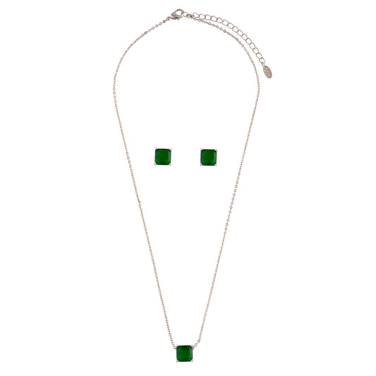 Conjunto Colar e Brinco Quadrado Esmeralda Prateado