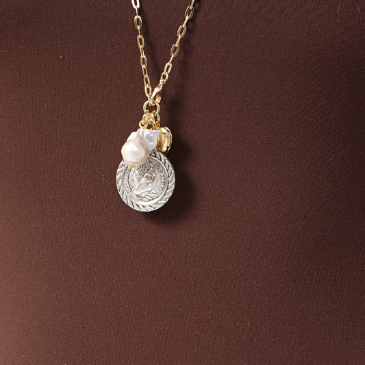 Colar Longo Elos com Medalha, Pérola, Coração Dourado e Prateado