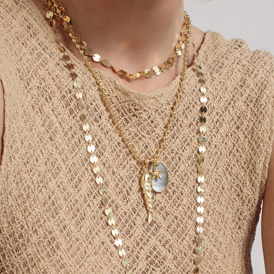 Colar Esferas com Pingente Peixe e Madrepérola Dourado Nat Mosca