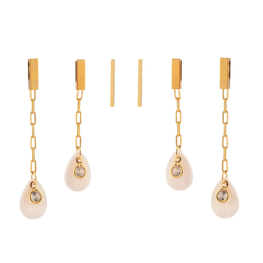Brinco Trio Canos com Elos e Madrepérola em Gota Dourado