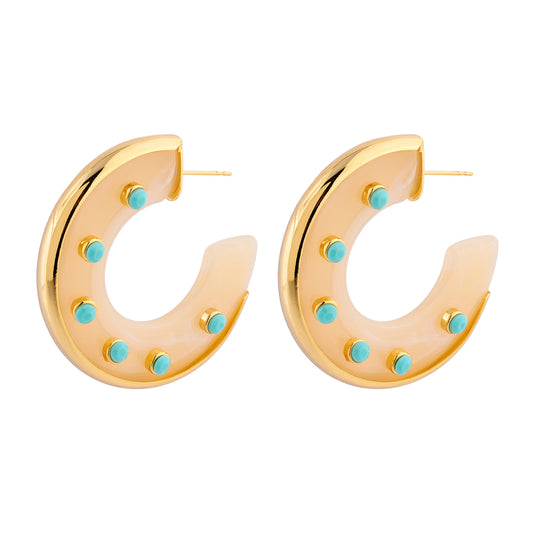 Brinco Argola Resina Creme com Pedras Turquesa Dourado