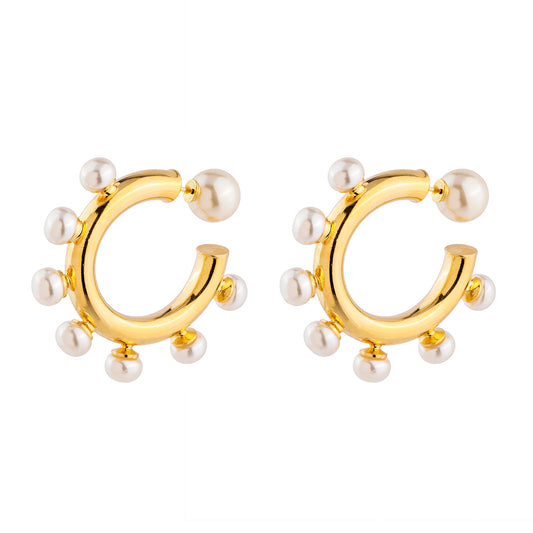 Brinco Argola Tubo com Pérolas Dourado