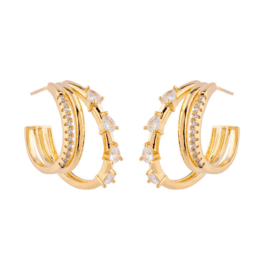 Brinco Argola Tripla Cravejada e Lisa Dourado