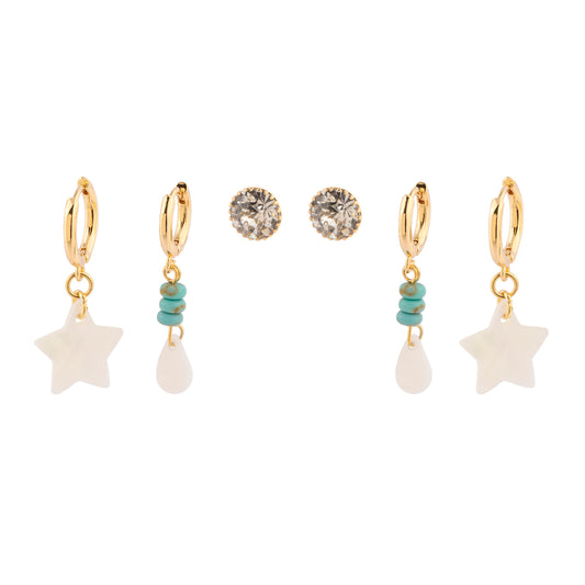 Brinco Trio Estrela e Gota Madrepérola com Ponto de Luz Dourado