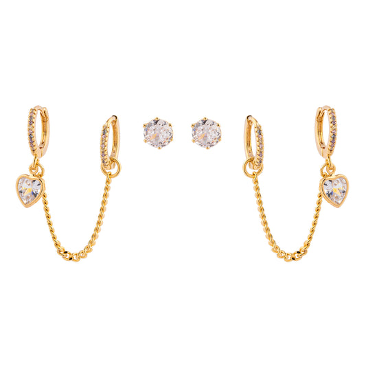 Brinco Trio Argolinhas Cravejadas com Corrente e Ponto de Luz Dourado