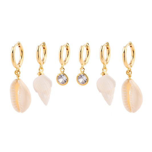 Brinco Trio Conchas e Cristal Dourado