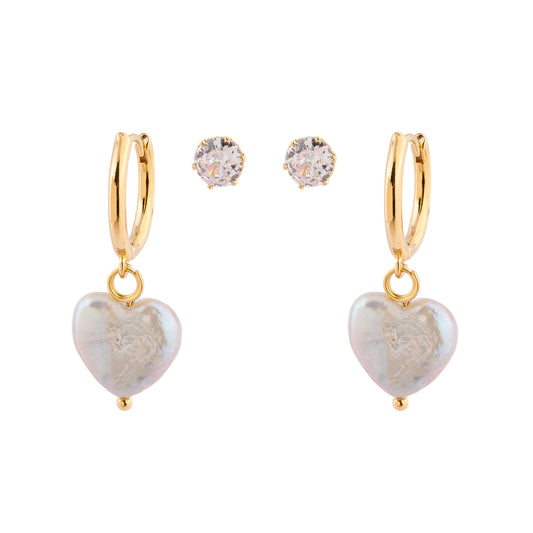 Dupla de Brincos Argola de Coração Pérola e Ponto de Luz Dourado