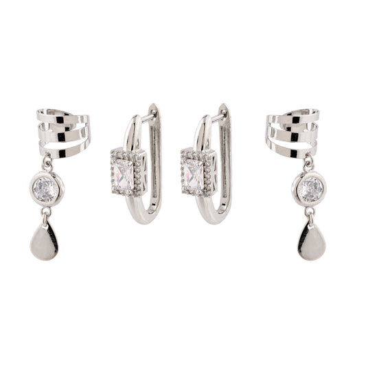 Dupla de Brinco e Piercings Lisos com Detalhe Cristal Prateado