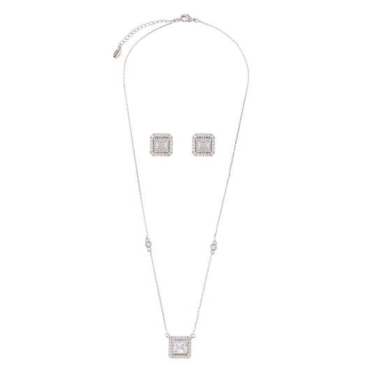 Conjunto de Colar e Brinco Quadrado Cristal Prateado
