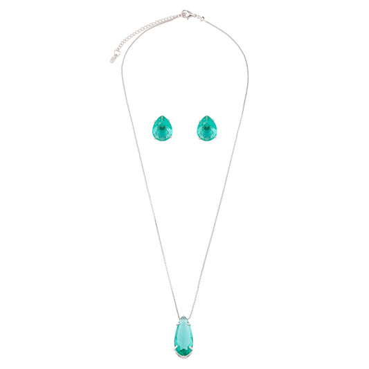 Conjunto Colar e Brinco Gota Verde Cristal Prateado