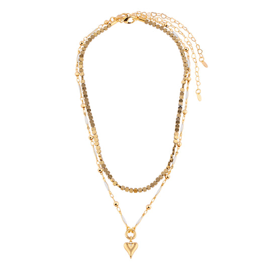 Colar Duplo Choker Hematita e Colar Resina Branca com Coração Dourado