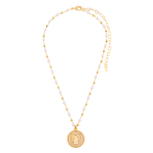 Colar Pérolas e Esferas com Medalha São Bento Dourado