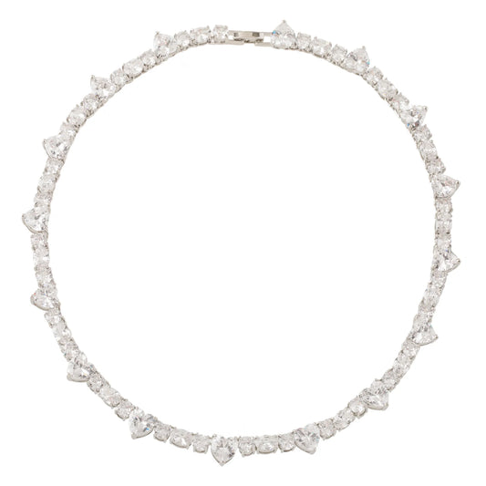 Colar Riviera Corações Maiores e Menores Cristais Prateado