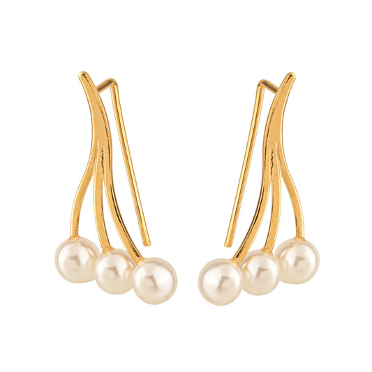 Brinco Ear Cuff Linhas com Pérolas Dourado