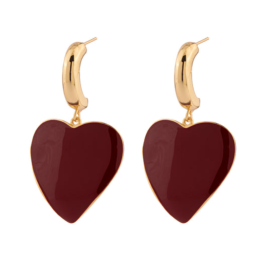 Brinco Argola com Pingente de Coração Vermelho/Marrom/Preto Dourado