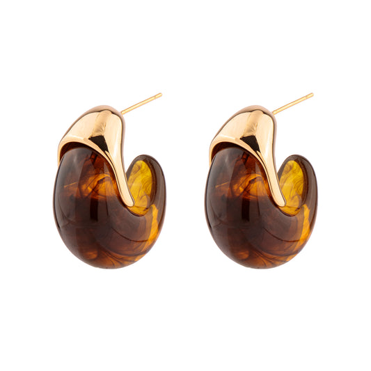 Brinco Argola Gota Marrom Mescla com Superior Parte Lisa Dourado