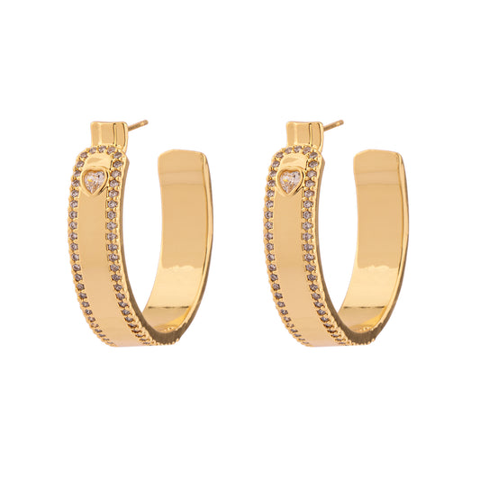 Brinco Argola Entorno Cravejado com Coração Cristal Dourado