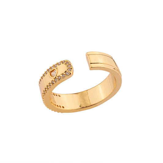 Anel Regulável Metade Liso Metade Entorno Cravejado com Coração Cristal Dourado