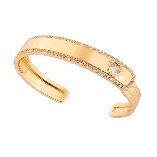 Pulseira Bracelete Entorno Cravejado com Coração Cristal Dourado