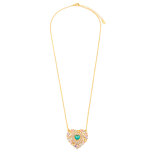 Colar Coração Cravejado Cristal ou Colorido Dourado