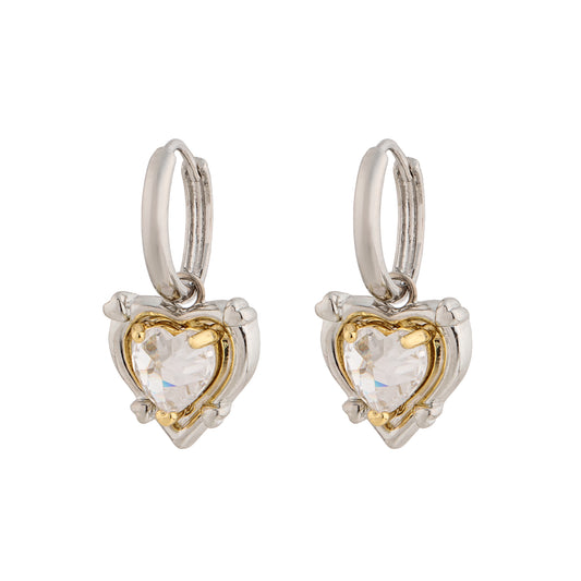 Brinco Argola Coração Prateada com Detalhe Dourado/Dourada com Cristal Rose