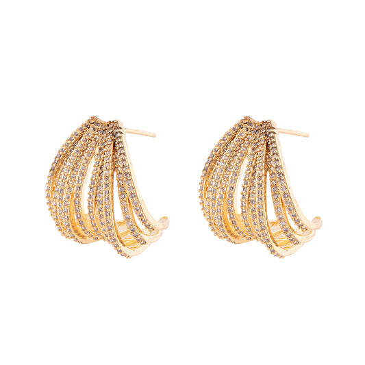 Brinco Envolvente Linhas Cravejadas Cristal Dourado