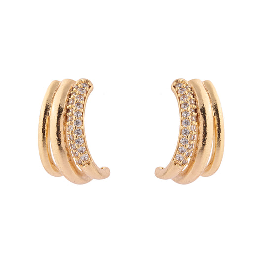 Brinco Argola Tripla Lisa e Cravejada Dourado