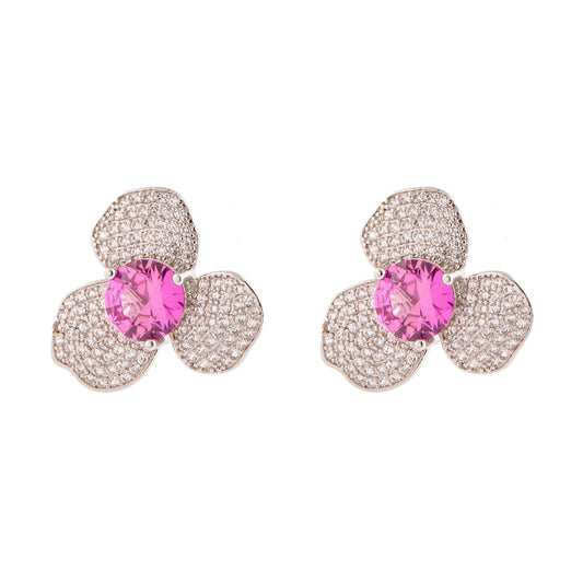 Brinco Flor 3 Pétalas Cravejadas e Oval Rosa Prateado