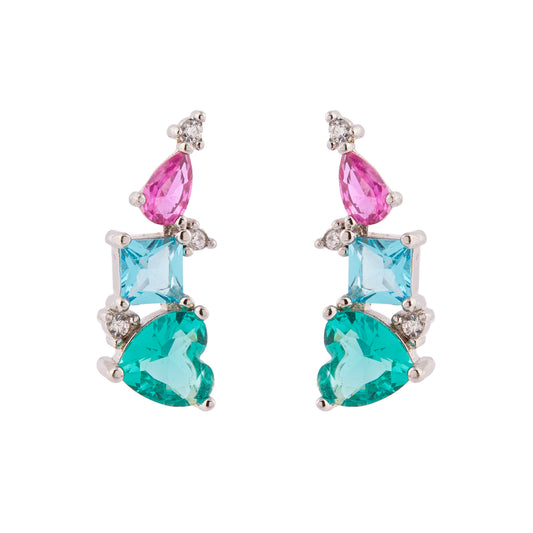 Brinco Ear Cuff Pequeno com Cristais Coloridos Prateado