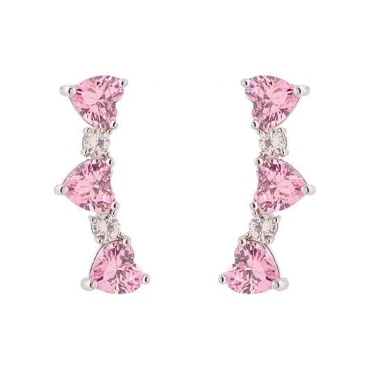 Brinco Ear Cuff Corações Coloridos/Cristais e Ovais Prateado